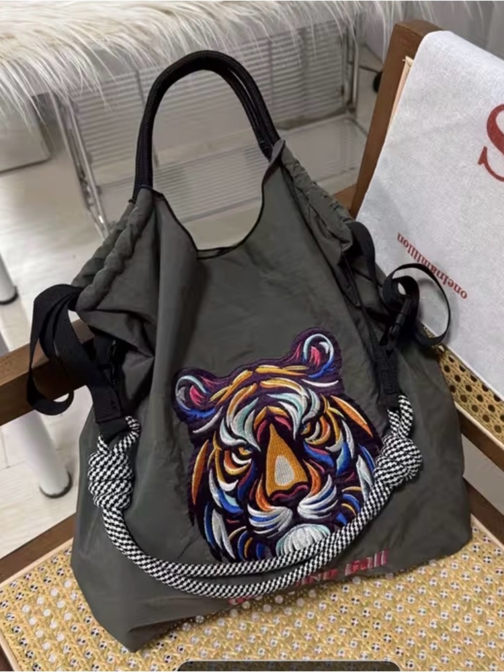 Embroidered Tiger Tote Bag in Olive Green